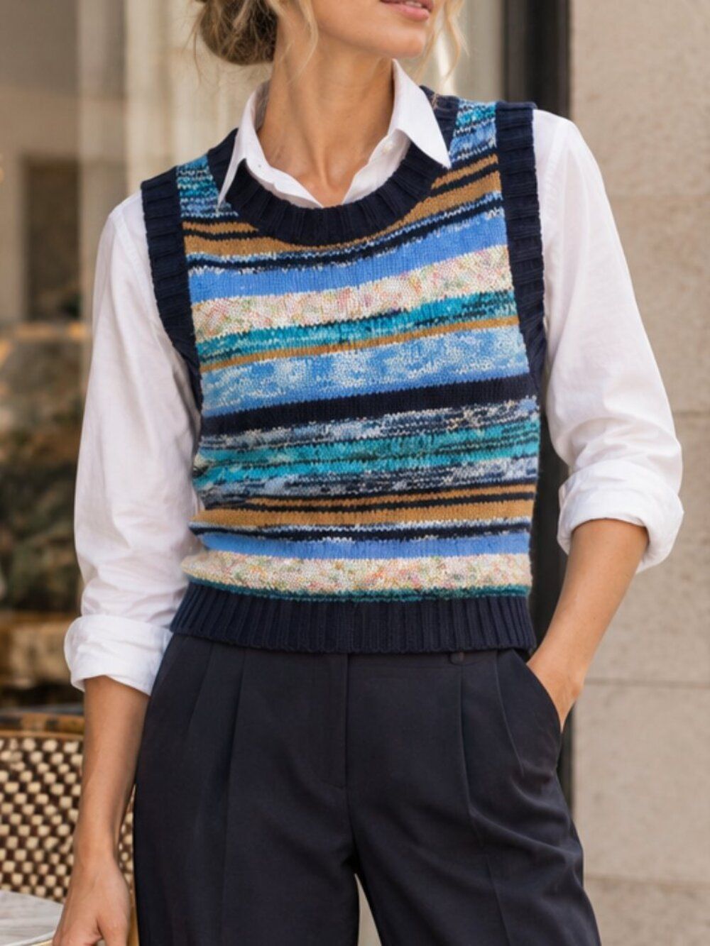 Munthe Ancaster Wool Sweater Vest Blue Striped Multicolor Knit Top EU 32 XS